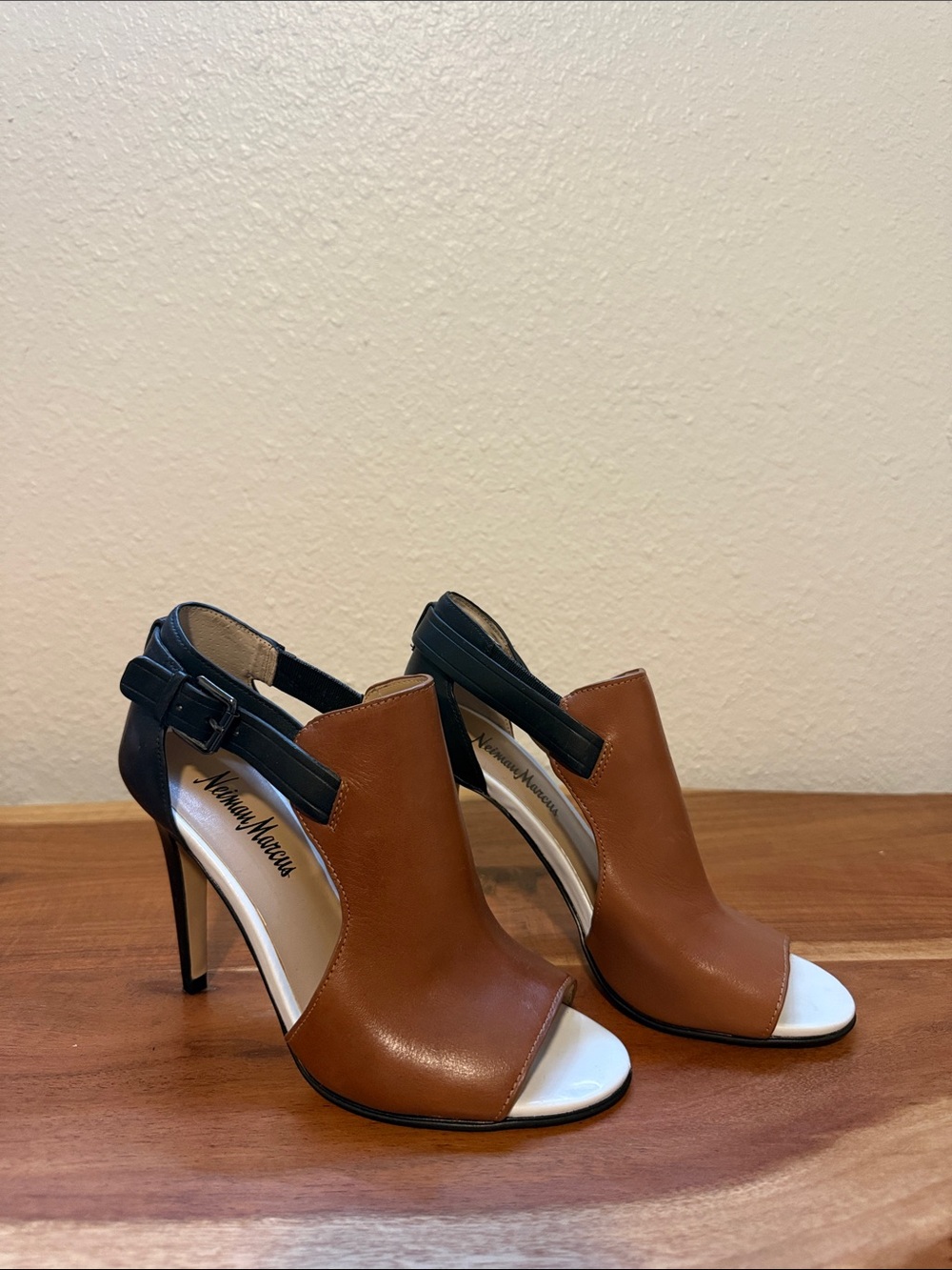 Neiman Marcus Tan and Black Open-Toe Slingback Heels